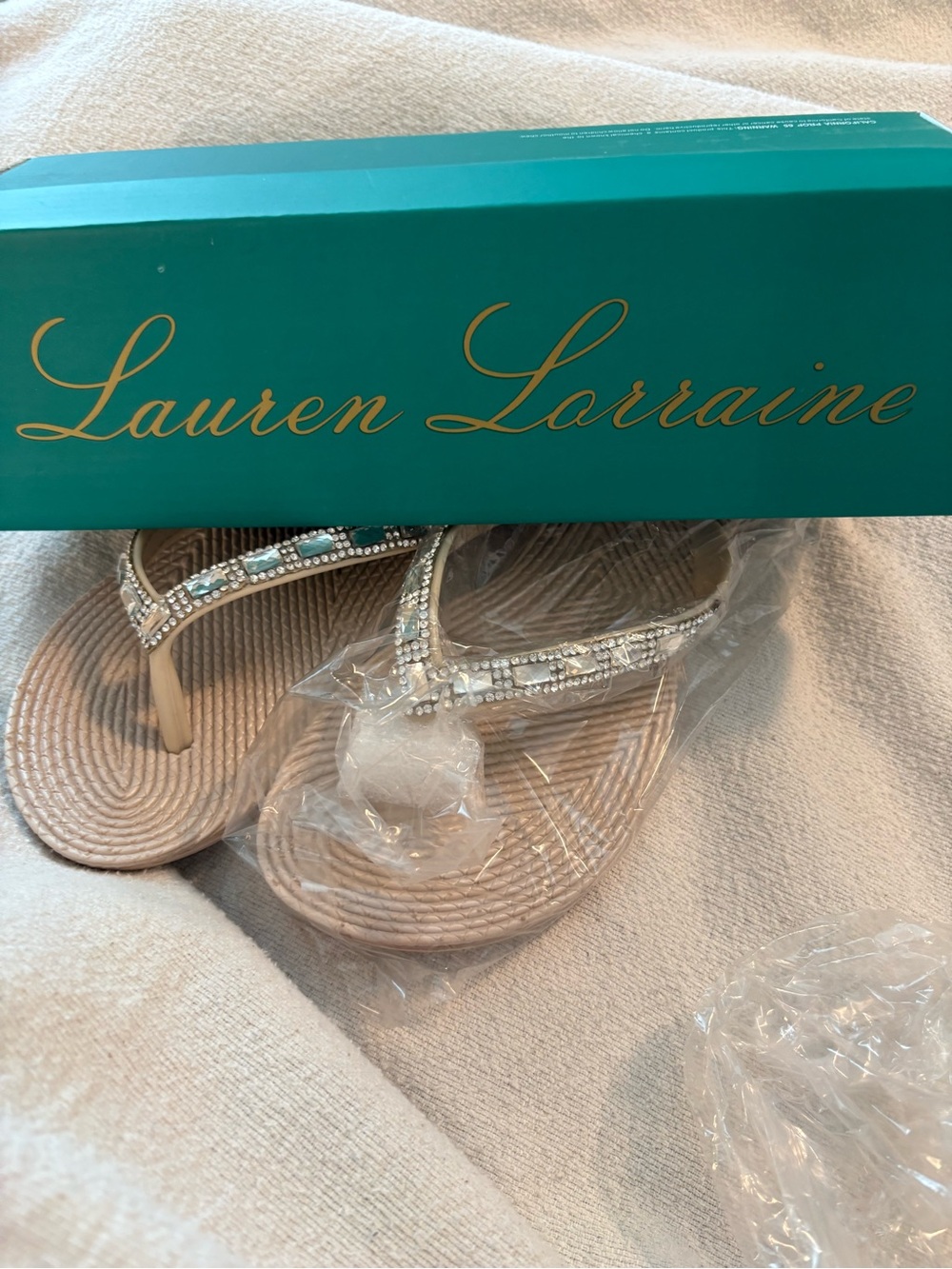 Lauren Lorraine Beige Nude Crystal Embellished Thong Sandals NWT - Picture 4 of 6